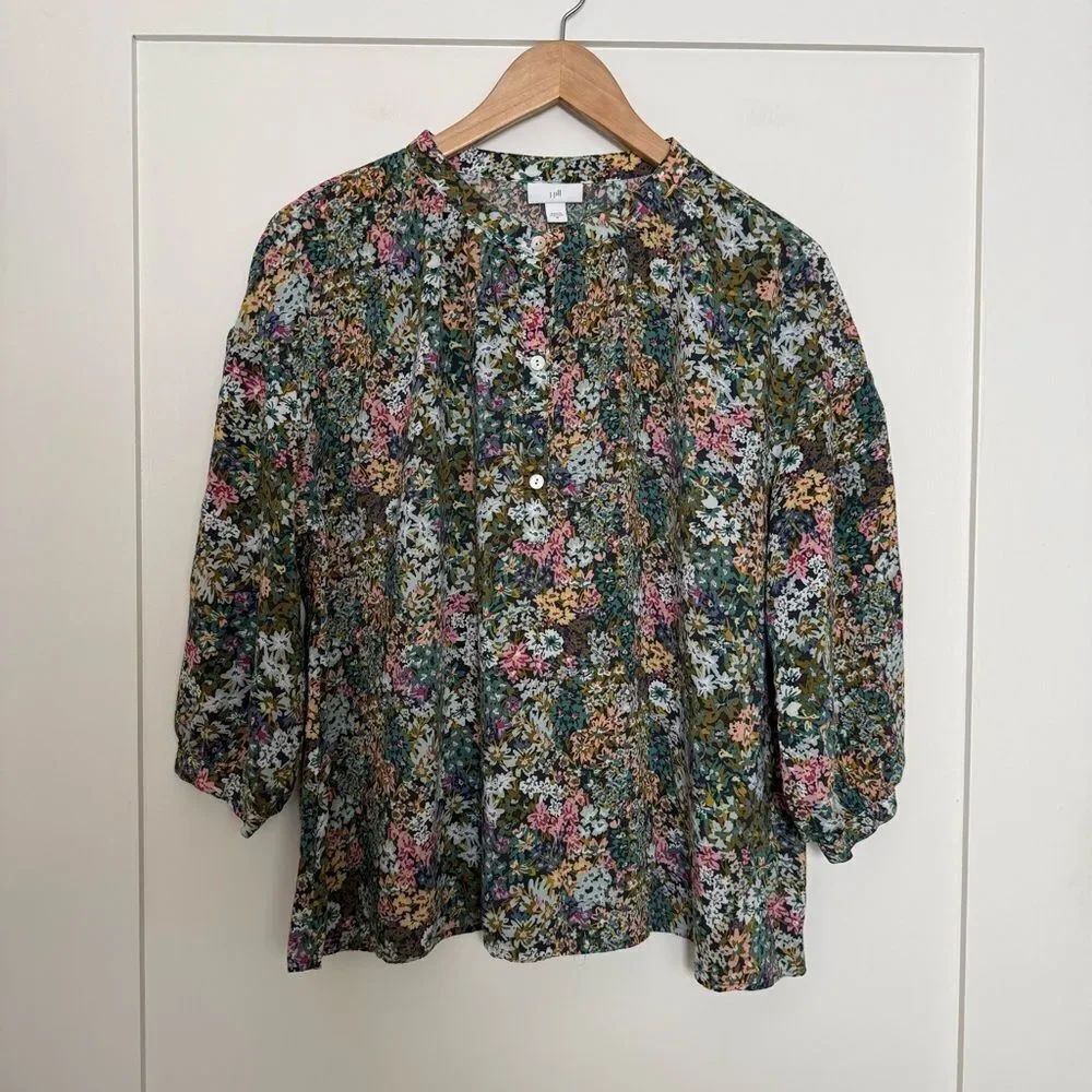 J Jill Blouse Top Womens Sz M Green Floral 3/4 Sleeve Summer Vacation Resort